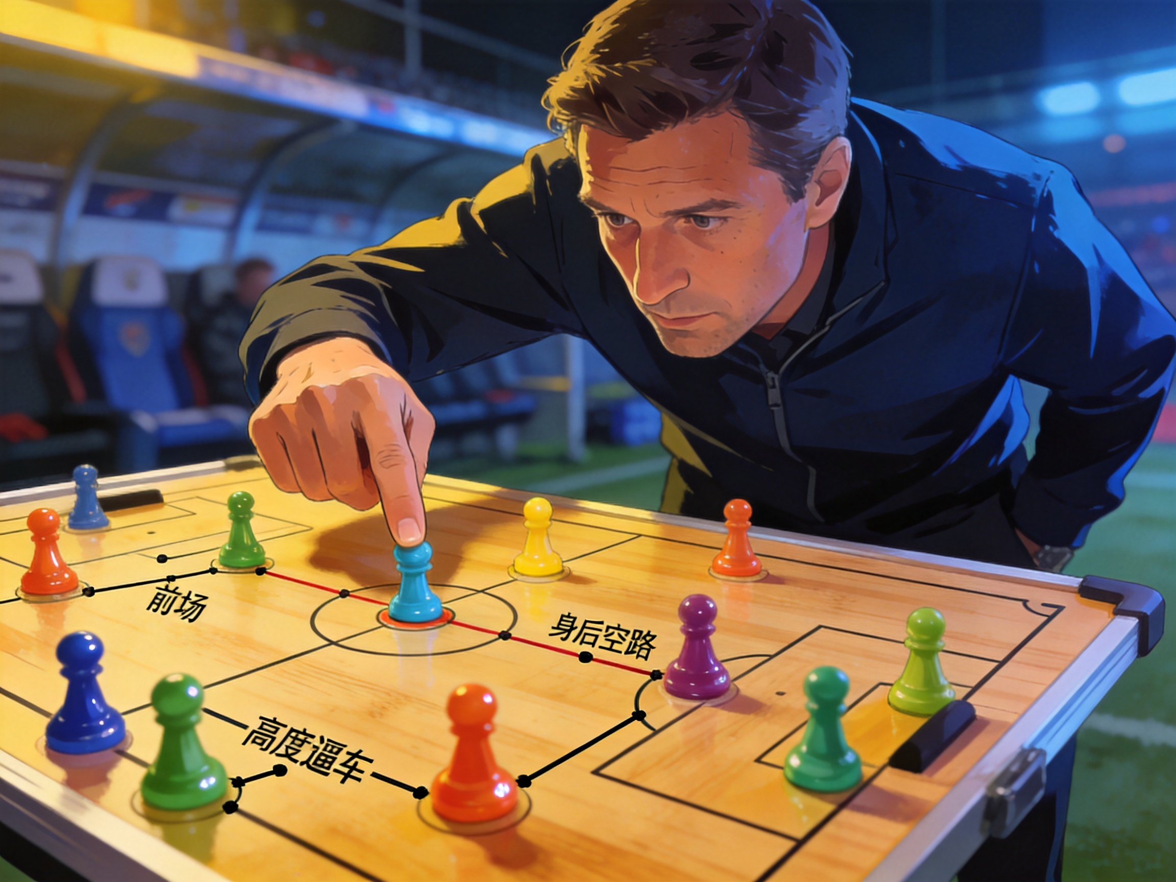 足球战术板上摆放着代表球员位置的棋子，教练正在布置阵型