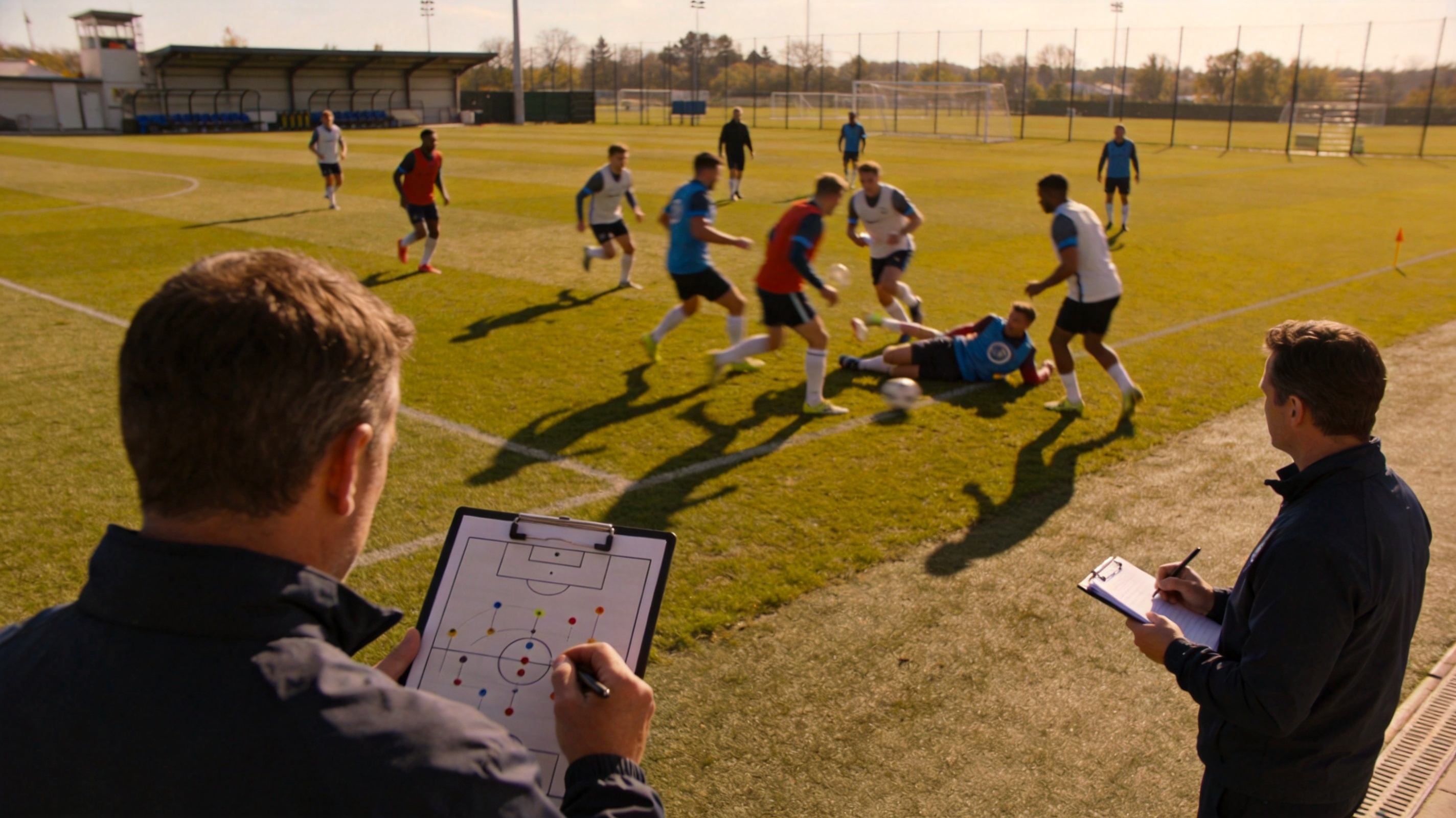 球员在训练基地进行分组对抗训练，教练在场边记录